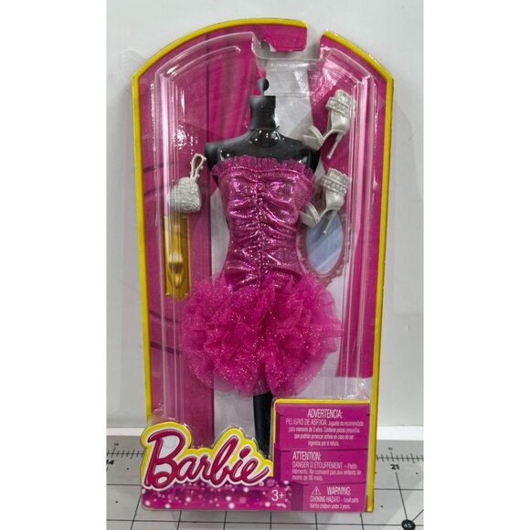 Barbie Gown Fashion Accessory N8328 Pink Glitter Dress Silver Heels Purse New - Picture 1 of 4